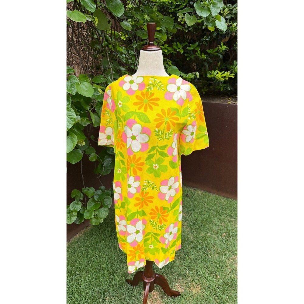 Vtg 60s Psychedelic Mod Shift Dress Yellow Floral Daisy Flower Power Talon Zip L - Picture 2 of 8